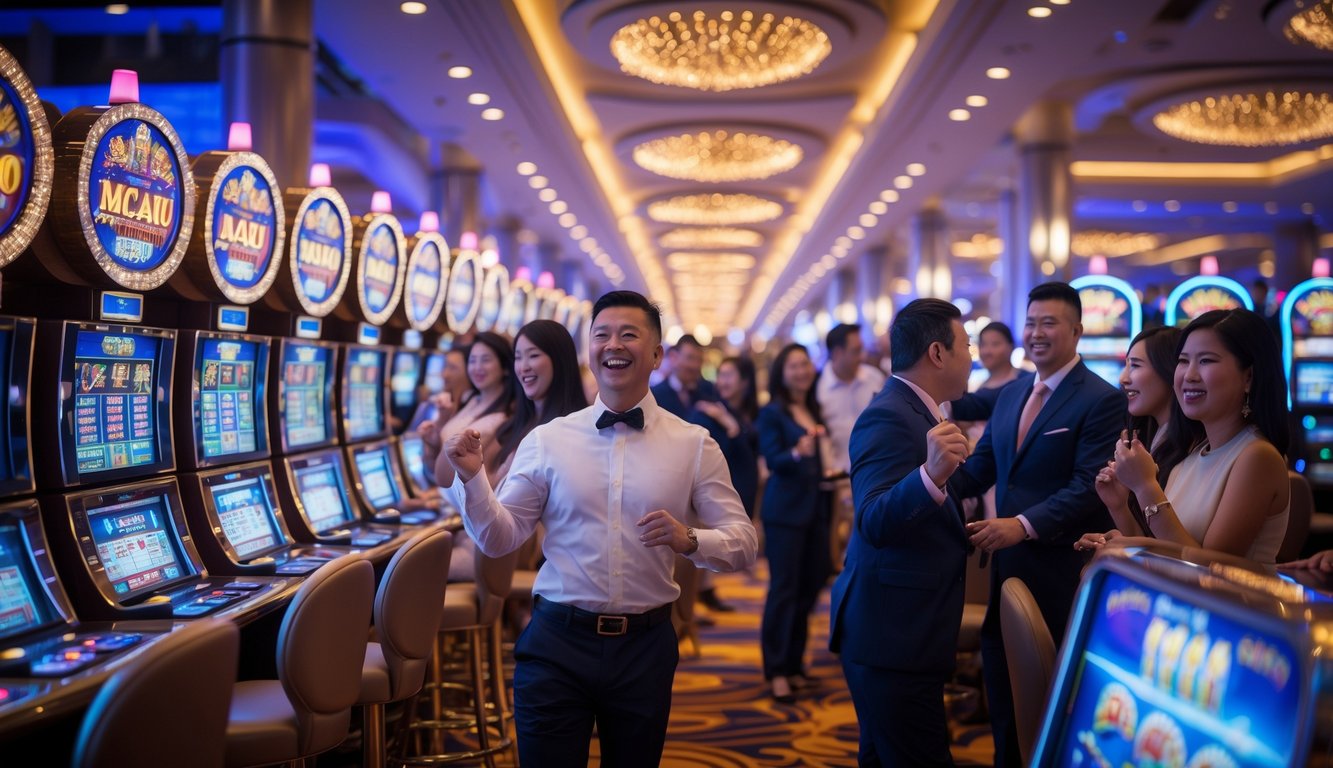 Suasana dalam kasino mewah di Macau dengan orang-orang bermain mesin slot dan meja judi, terlihat penuh semangat dan kegembiraan.