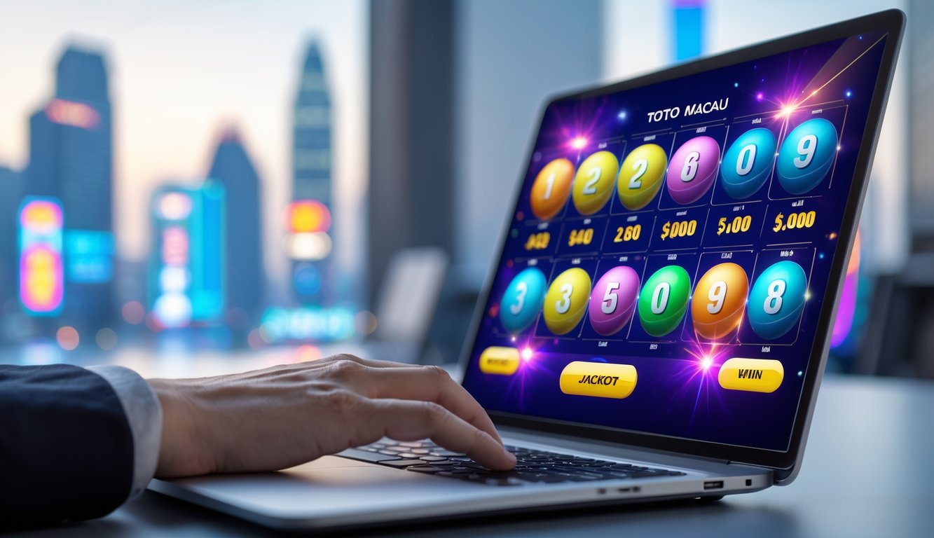 Layar perangkat digital menampilkan bola lotere berwarna-warni dengan nomor dan hitungan jackpot, latar belakang samar kota Macau dan elemen kasino.