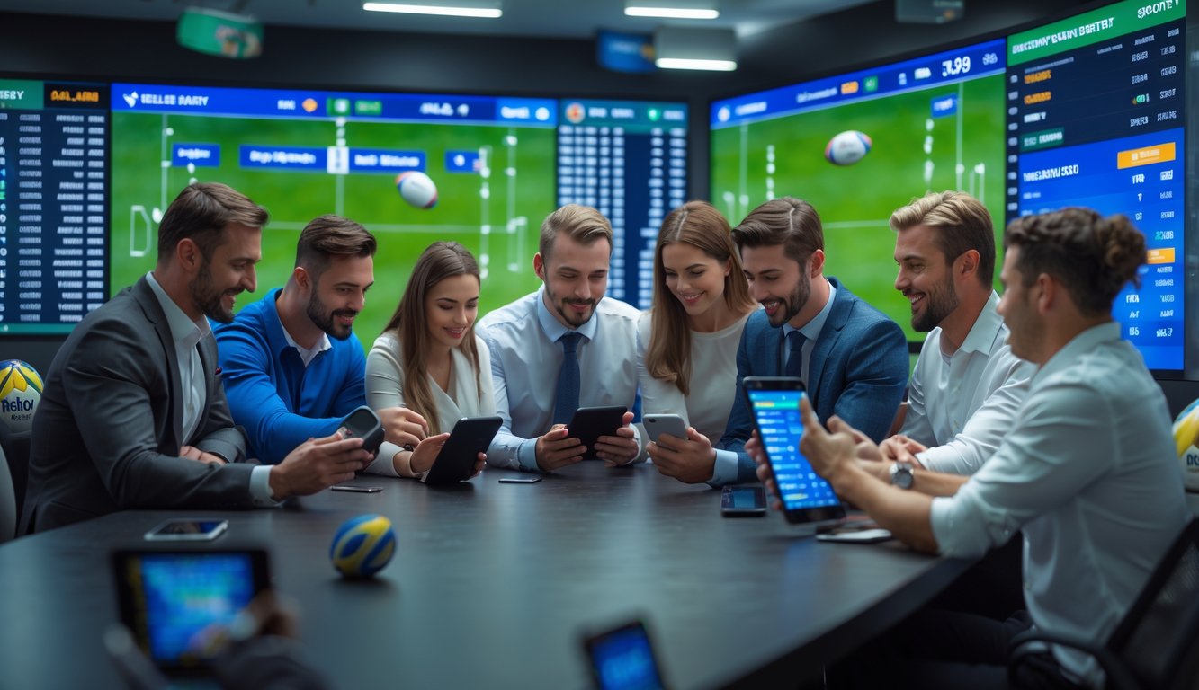 Beberapa orang sedang melihat layar digital dengan statistik dan skor pertandingan rugby dalam suasana taruhan olahraga yang profesional.