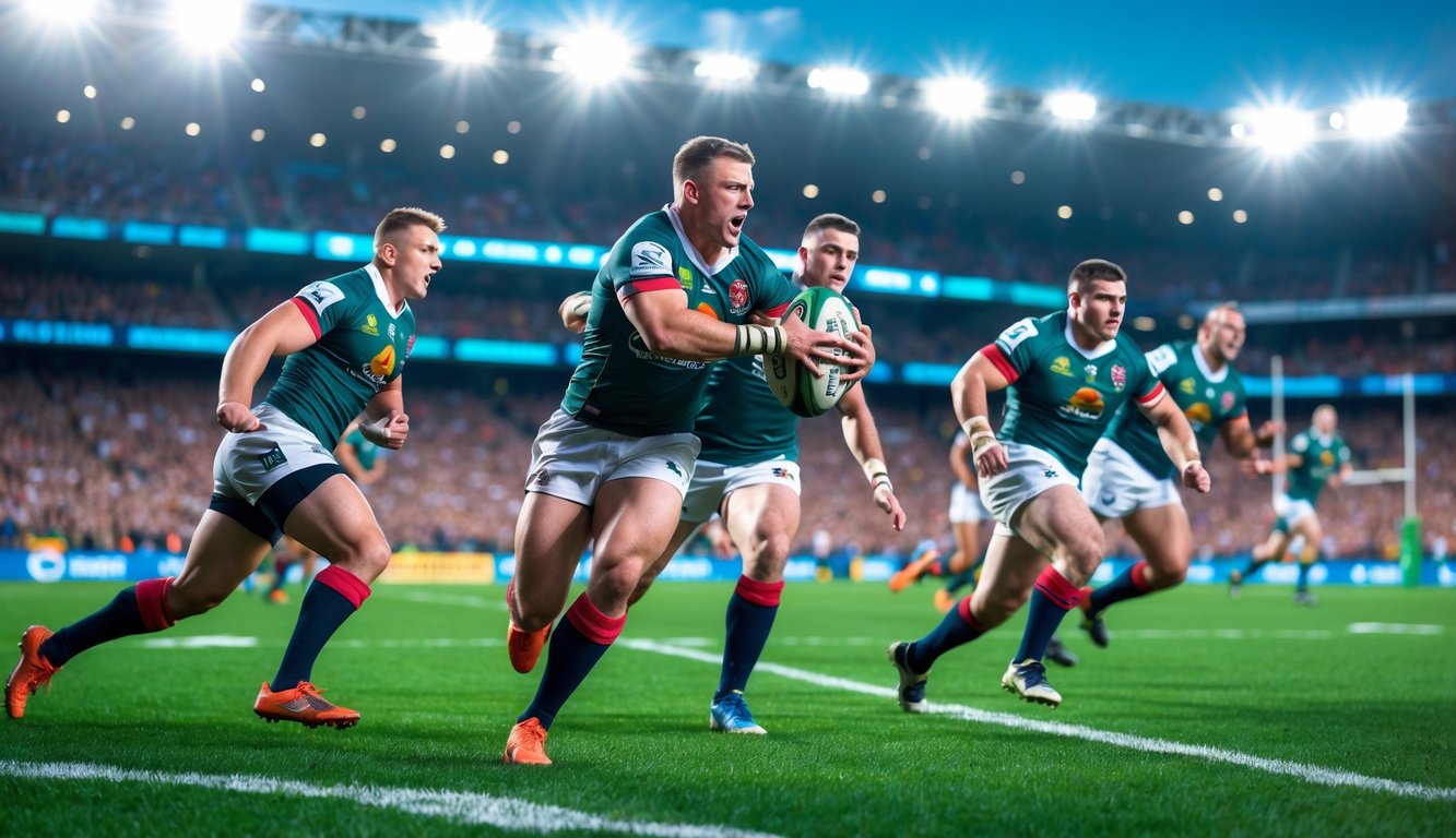 Pertandingan rugby sedang berlangsung dengan pemain berlari dan berusaha merebut bola di lapangan hijau, dikelilingi oleh penonton di stadion.