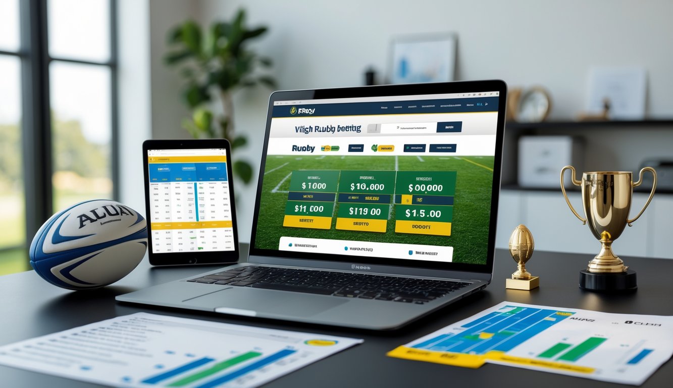 Seorang pria menggunakan laptop di meja dengan bola rugby dan piala kecil di sekitarnya, menunjukkan suasana taruhan rugby online dengan potensi kemenangan tinggi.