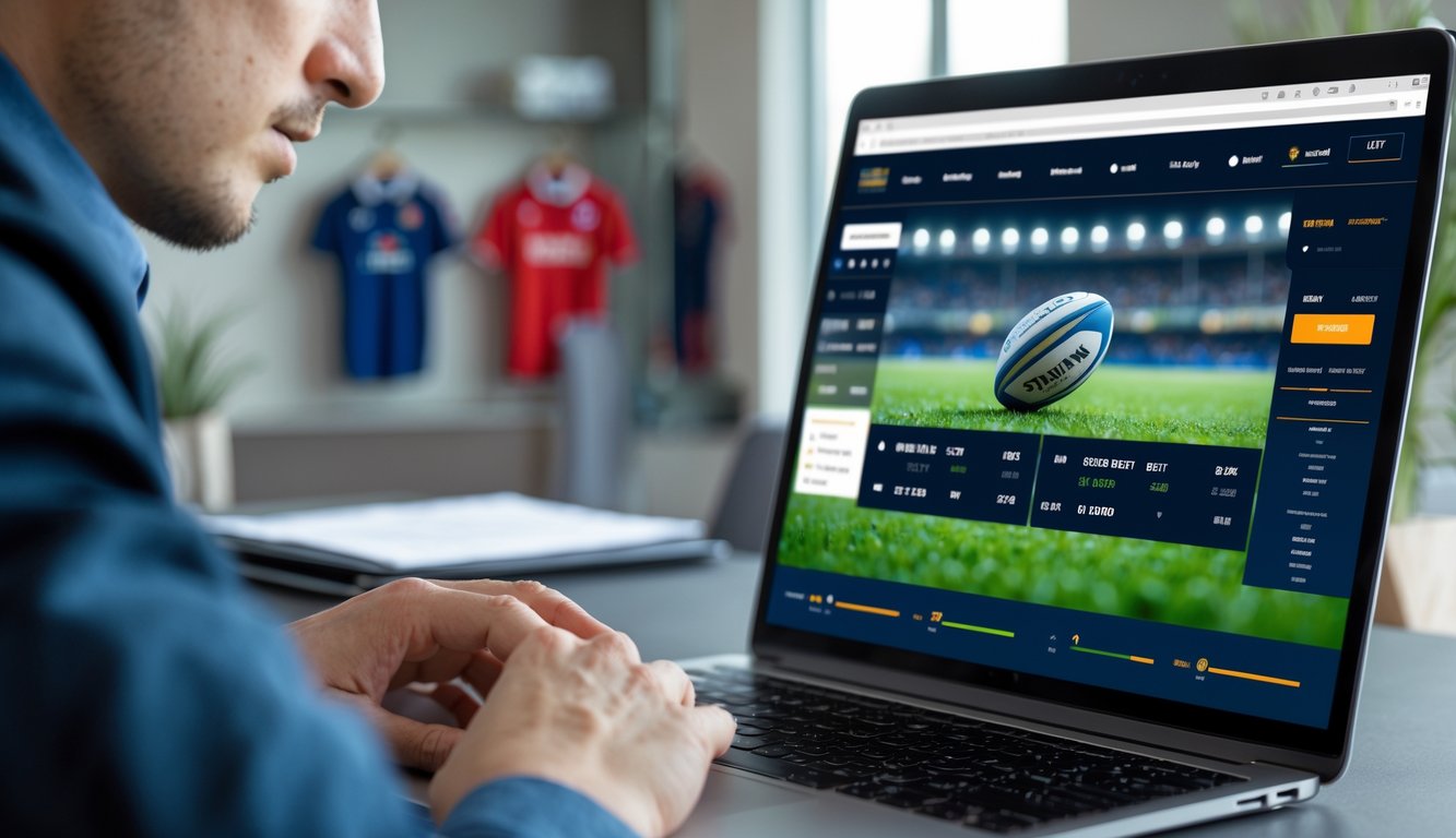 Seseorang menggunakan perangkat digital dengan tampilan platform taruhan rugby yang akurat di layar.