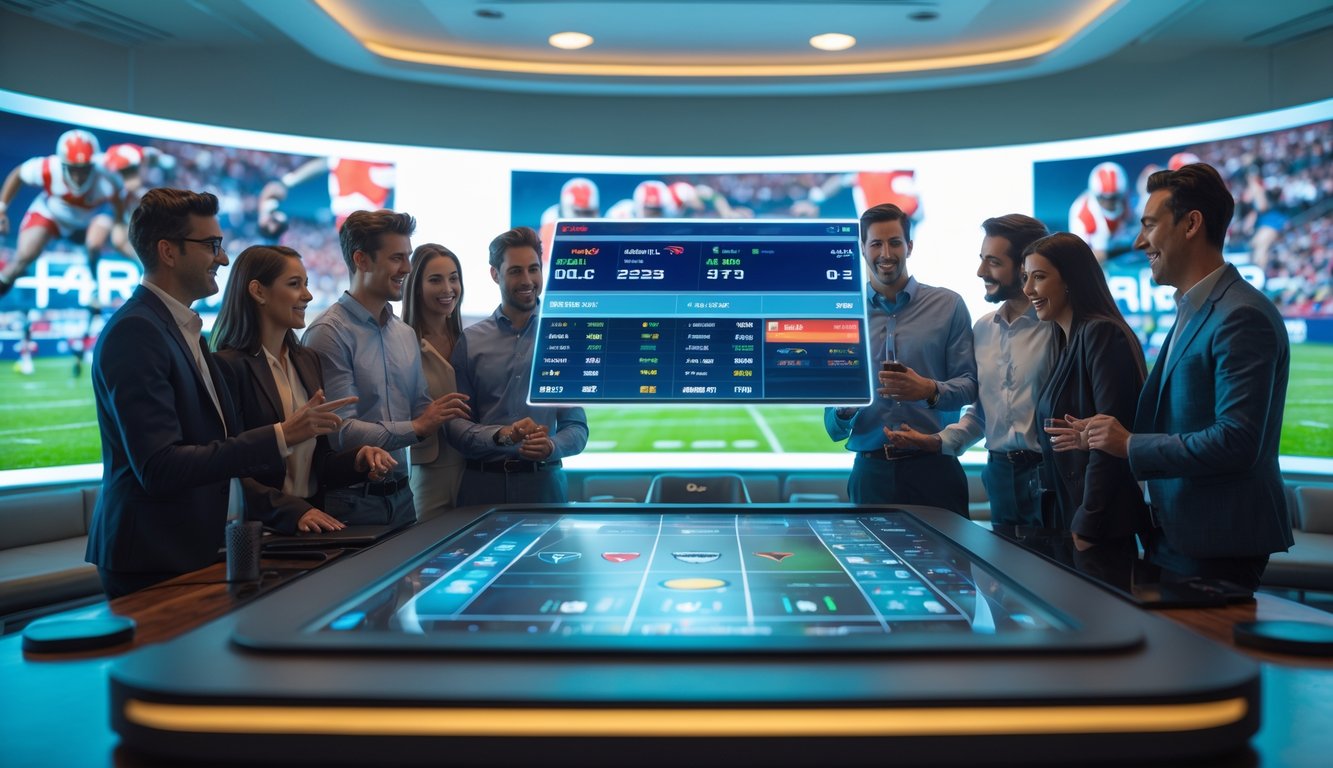 Sekelompok orang muda sedang menggunakan layar sentuh besar untuk melihat statistik dan opsi taruhan pertandingan rugby secara langsung.