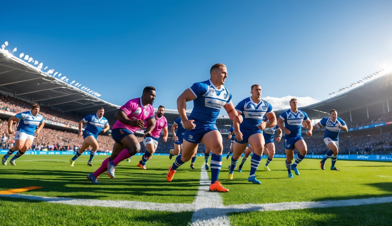 Pertandingan rugby yang sedang berlangsung dengan pemain beraksi di lapangan hijau dan penonton di tribun stadion.