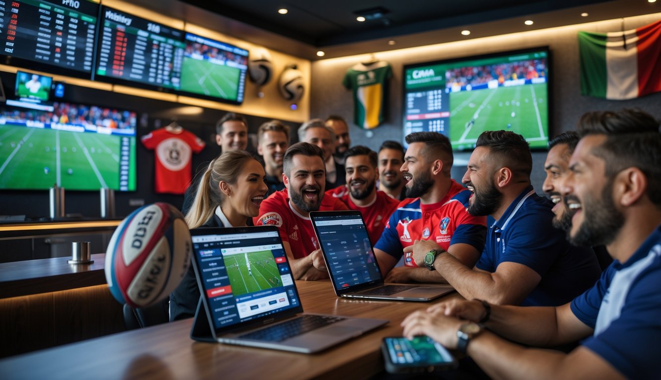 Sekelompok penggemar rugby internasional sedang menonton pertandingan dan memasang taruhan di sebuah bar olahraga modern.