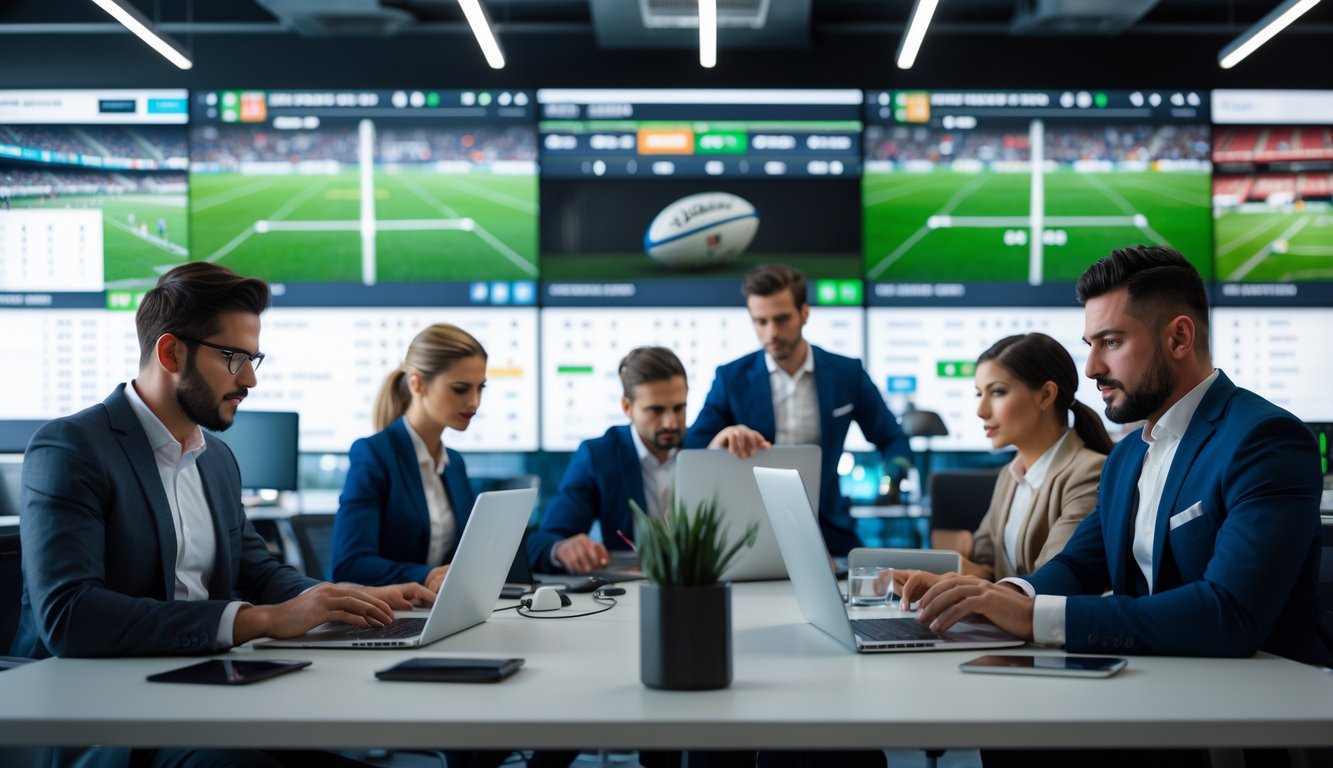 Orang-orang bekerja di kantor taruhan rugby dengan layar besar menampilkan pertandingan rugby dan grafik taruhan.