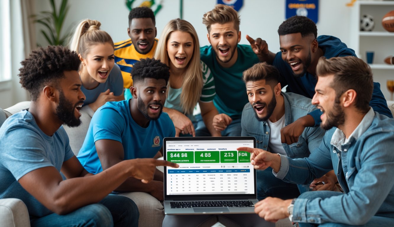 Sekelompok orang muda sedang berkumpul di ruang tamu modern sambil menggunakan laptop dan ponsel untuk taruhan rugby online.