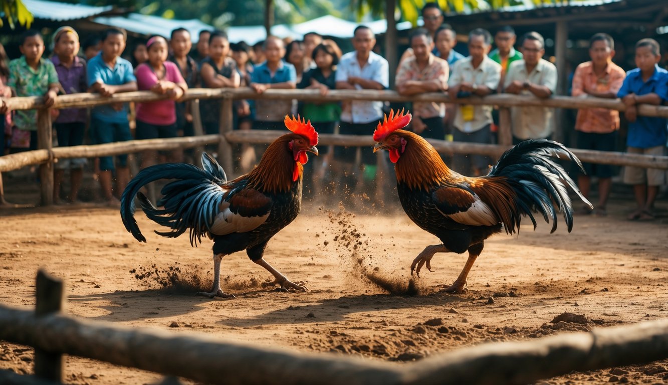 Dua ayam jago sedang bertarung di arena terbuka dengan penonton di latar belakang.