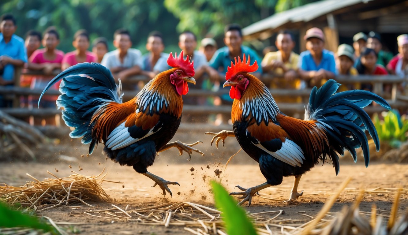 Dua ayam jago sedang bertarung di luar ruangan dengan penonton di latar belakang.