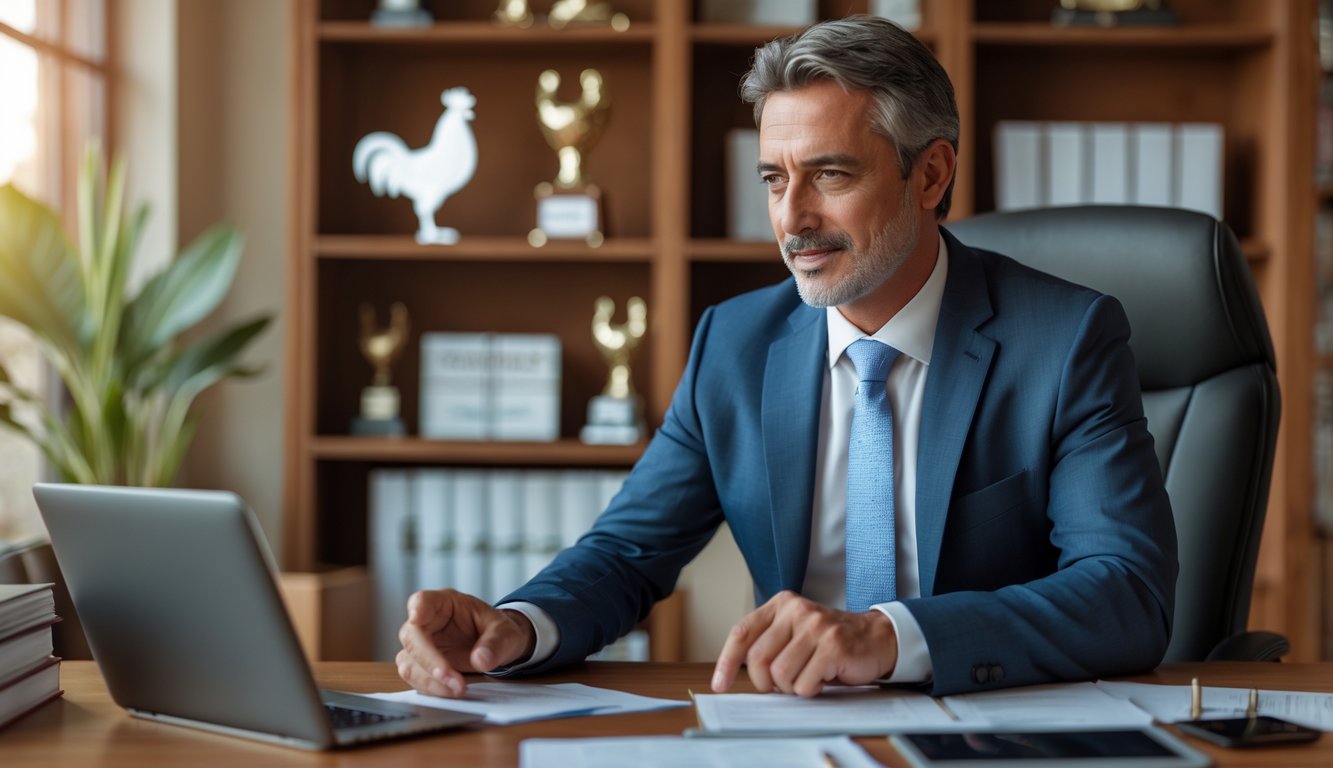 Seorang pria paruh baya berpakaian rapi sedang berdiskusi dengan klien di sebuah kantor yang bersih dan profesional.