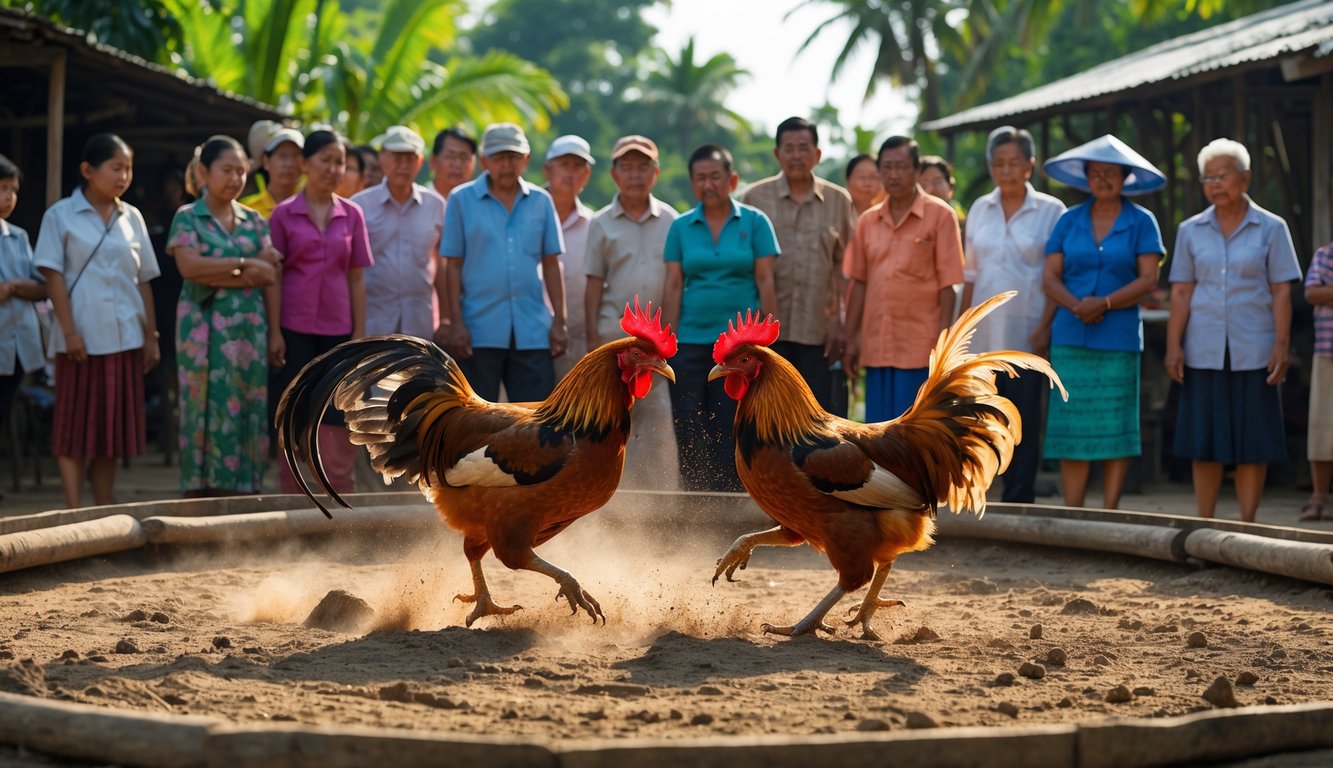 Dua ayam jago sedang bertarung di arena tanah dengan penonton yang memperhatikan di sekelilingnya.