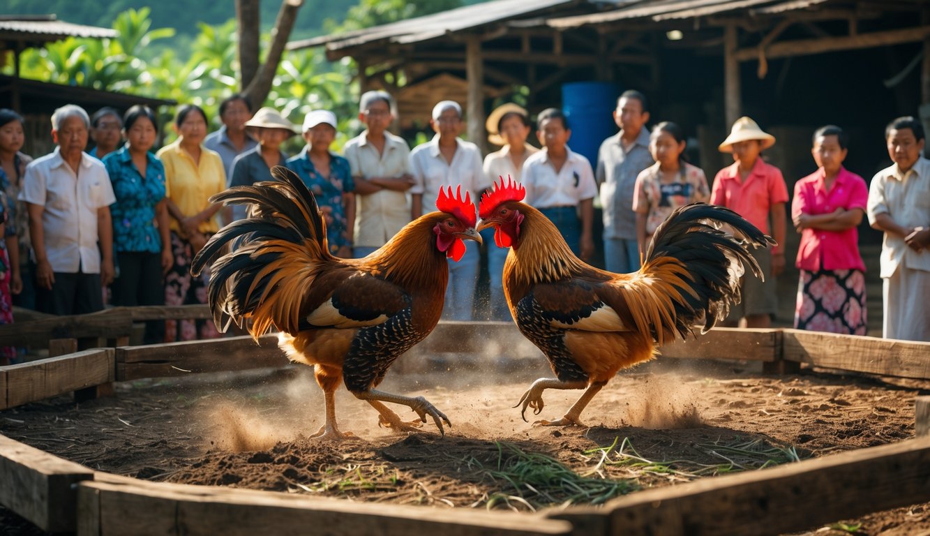 Dua ayam jantan sedang bertarung di arena kayu dengan penonton yang mengamati di latar belakang.
