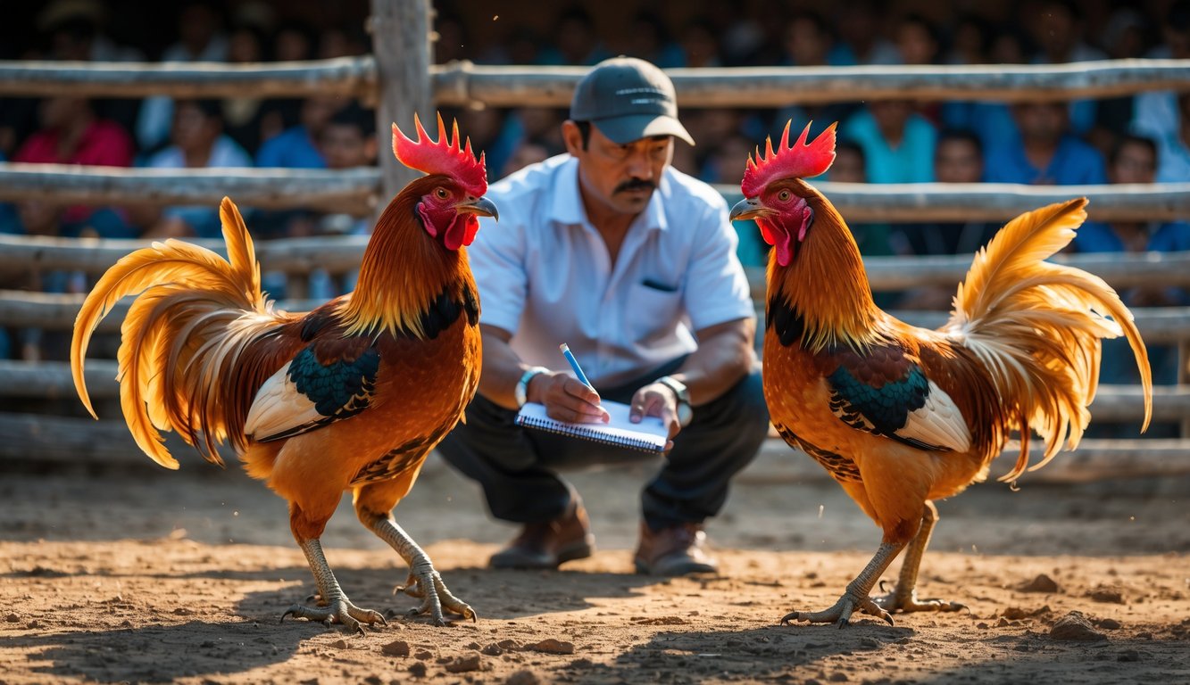 Dua ayam jago sedang bertarung di arena luar ruangan dengan seorang pria mengamati dan mencatat di dekatnya.