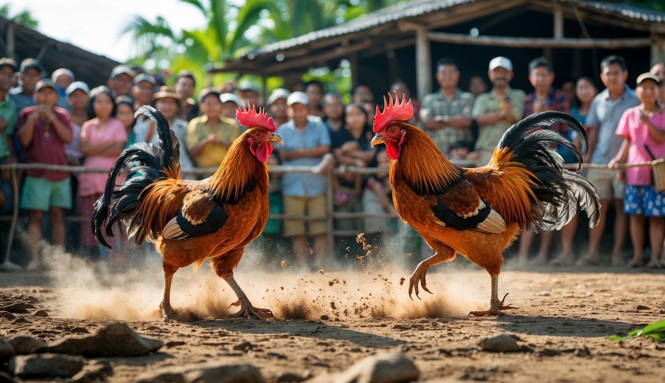 Dua ayam jago sedang bertarung di depan kerumunan orang yang menonton dengan latar belakang suasana pedesaan.