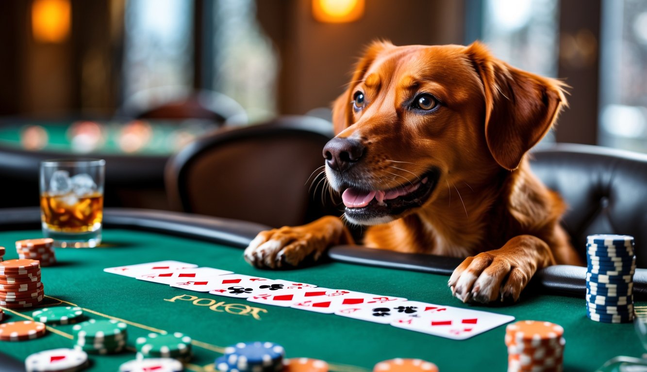 Seekor anjing berwarna merah duduk di meja poker dengan kartu dan tumpukan chip di sekitarnya.