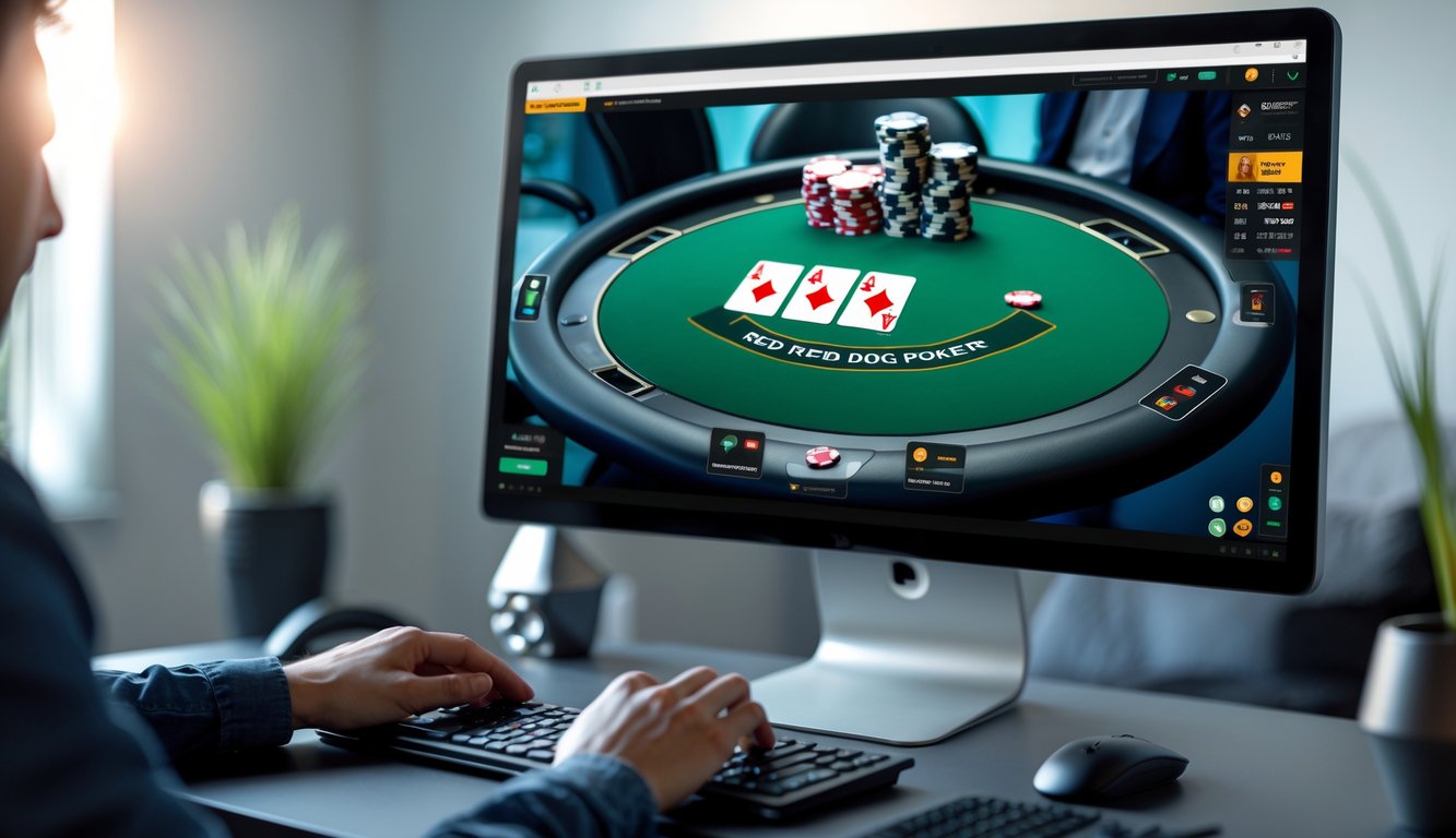 Sebuah meja poker digital dengan kartu dan chip poker di layar komputer, dengan tangan yang sedang menggunakan mouse dan keyboard di meja.
