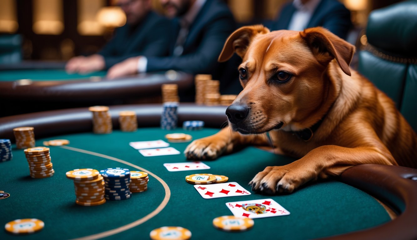 Seekor anjing merah duduk di meja poker dengan chip dan kartu, tampak fokus dan percaya diri.