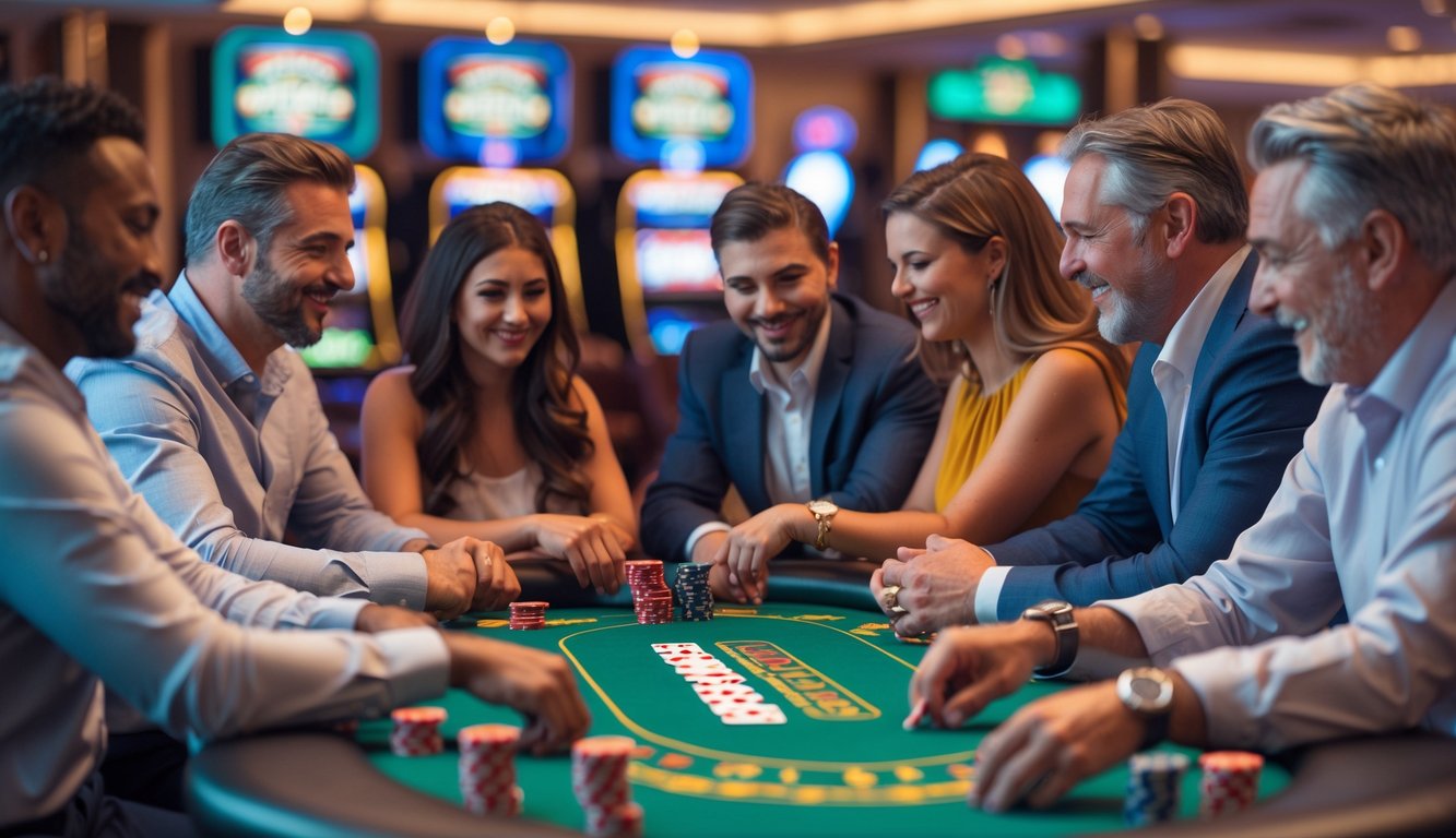 Sekelompok orang dewasa bermain Red Dog Poker di meja poker dengan kartu dan chip.