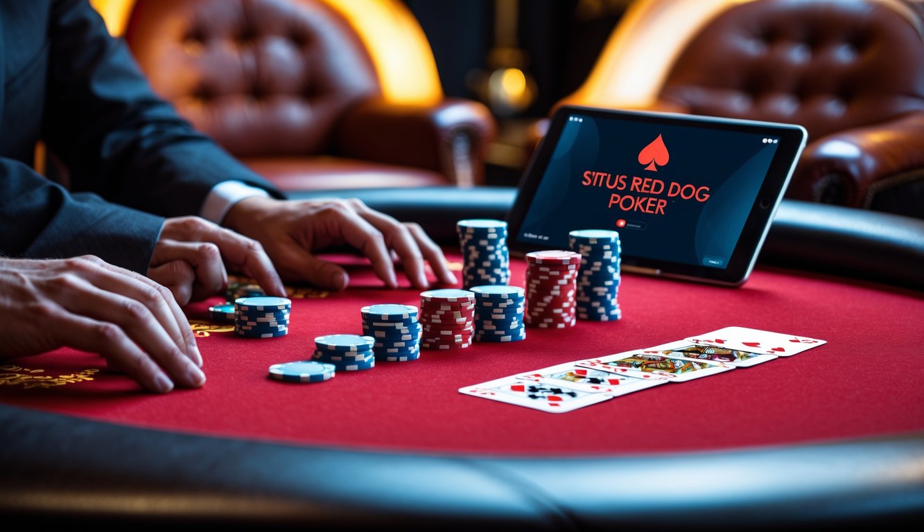 Meja poker modern dengan chip poker dan kartu bermain yang tersusun rapi di atasnya, dengan perangkat digital di latar belakang.