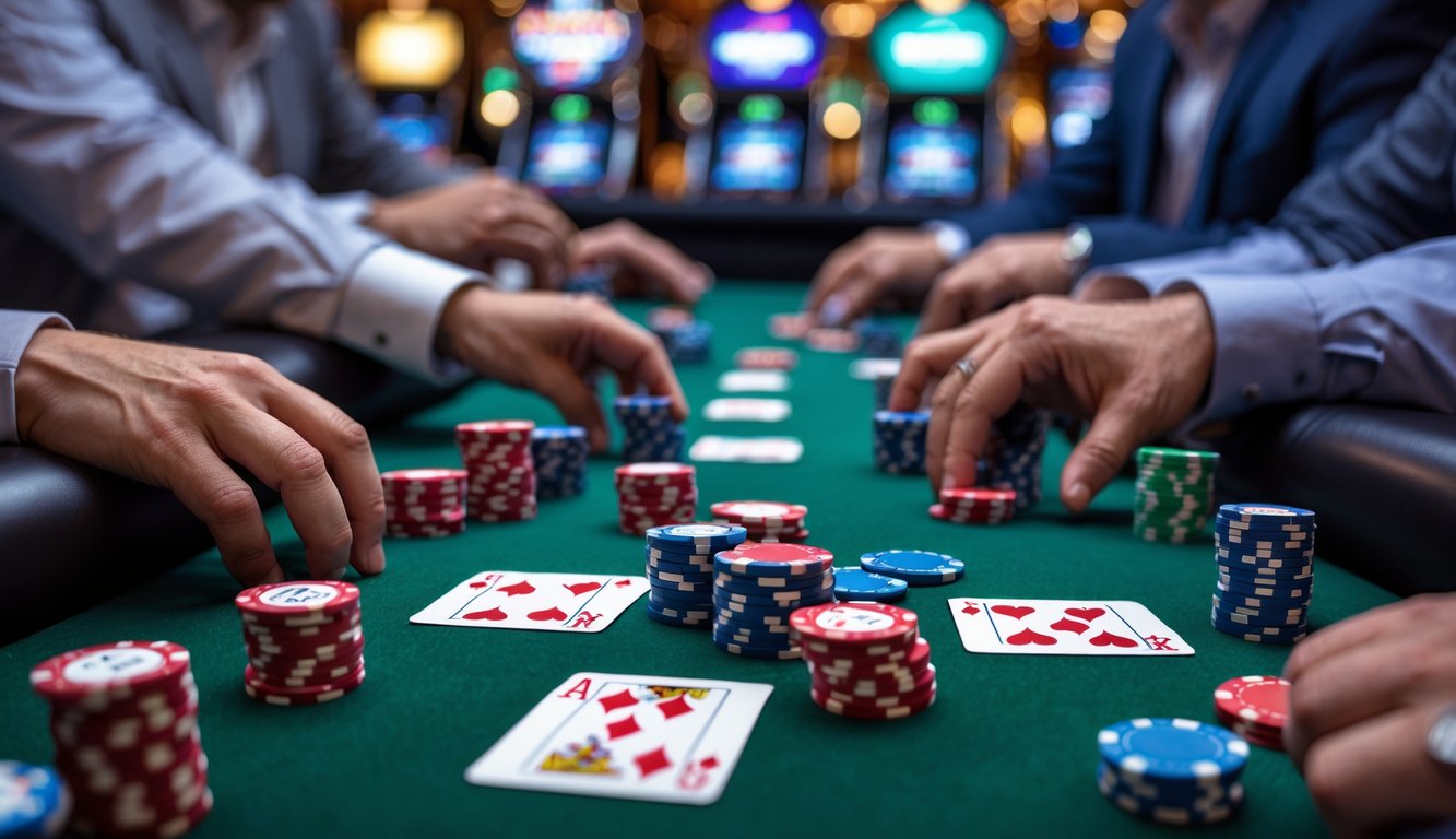 Meja permainan Red Dog Poker dengan kartu dan chip taruhan, beberapa tangan pemain terlihat sedang bertaruh.