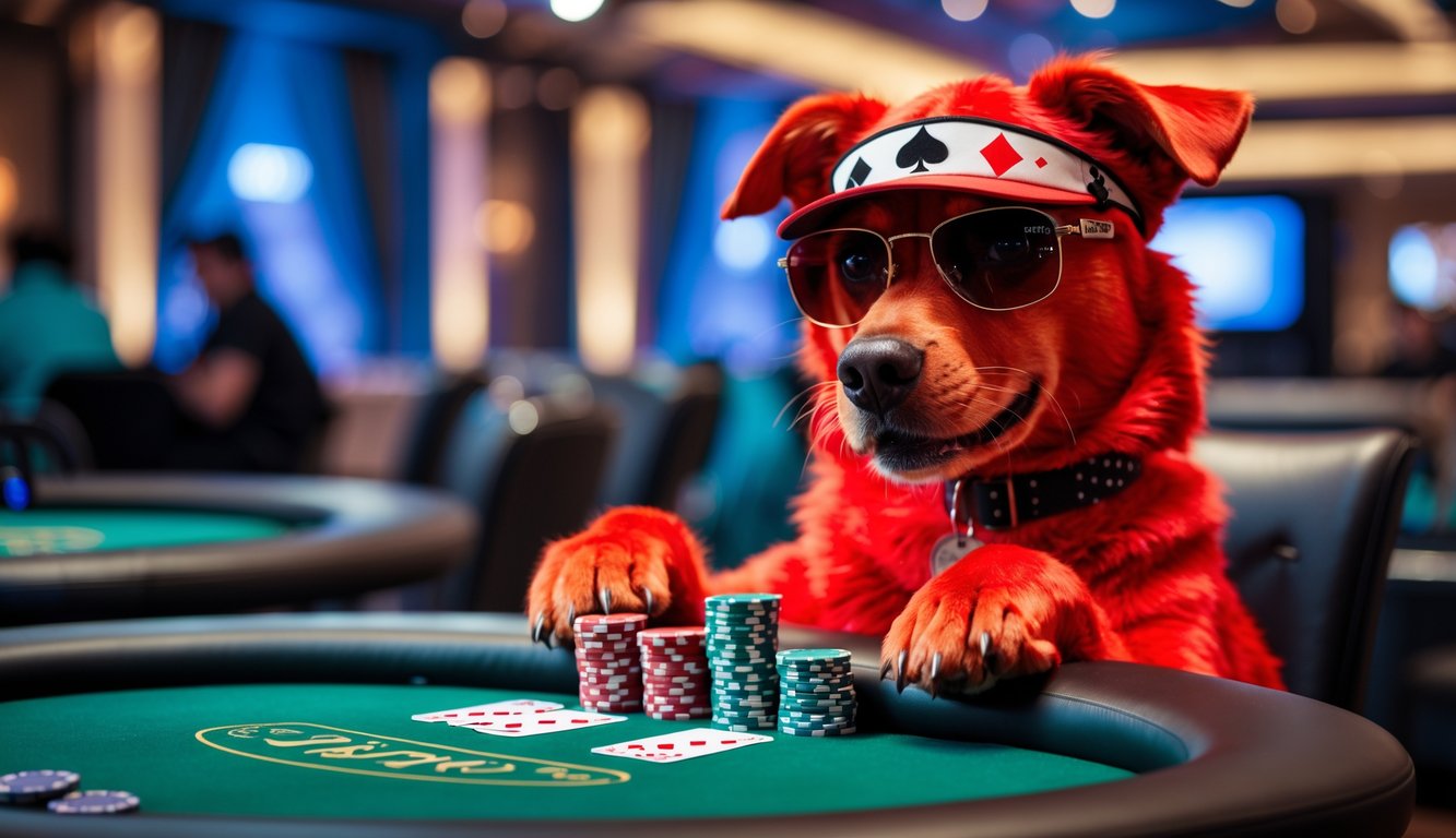 Seekor anjing merah duduk di meja poker dengan tumpukan chip dan kartu bermain, suasana kasino yang hangat dan ramai.
