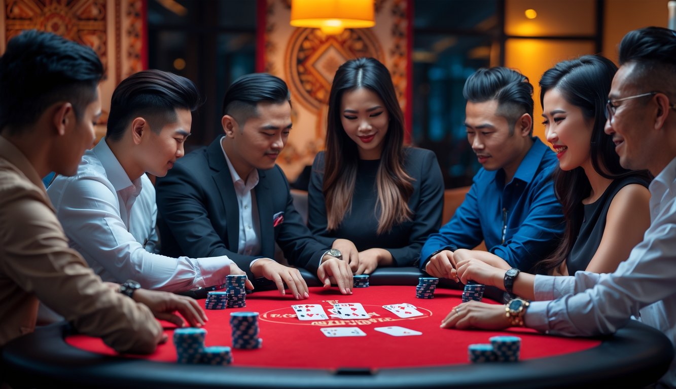 Orang-orang sedang bermain poker di meja merah dengan latar belakang pola batik Indonesia.