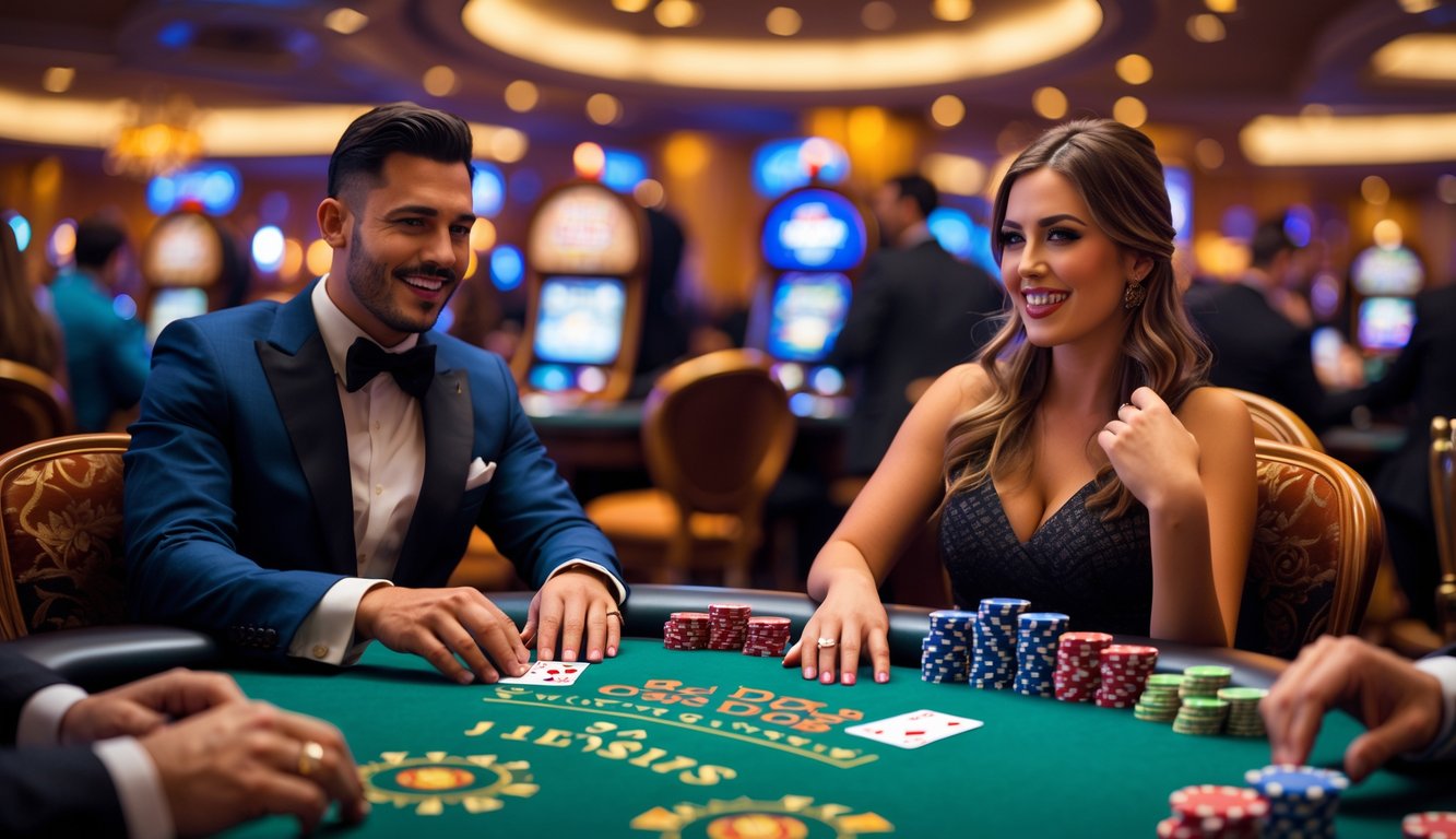 Dua pemain duduk di meja poker Red Dog, fokus bermain dengan kartu dan chip di depan mereka di sebuah kasino.