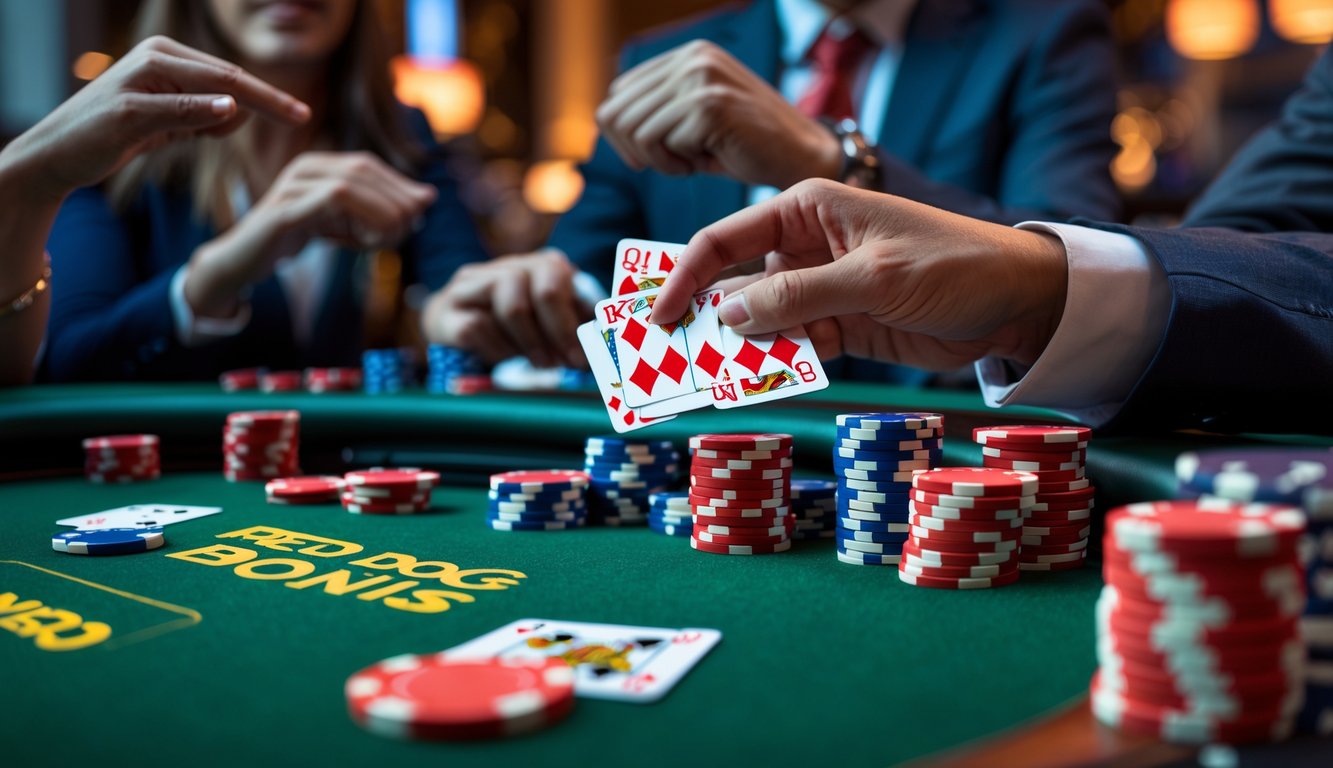 Meja poker dengan tumpukan chip merah dan kartu yang sedang dibagikan, dikelilingi oleh pemain yang antusias.