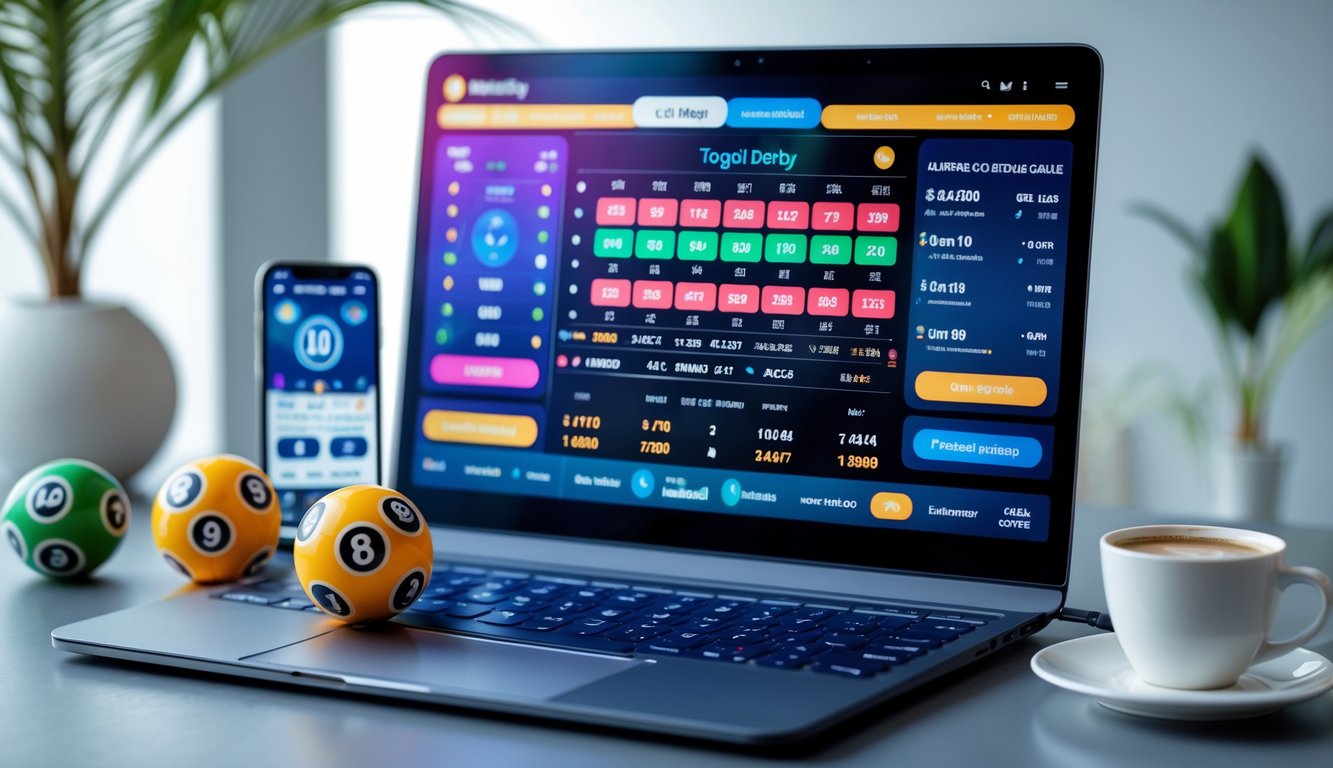 Seorang pengguna komputer dengan layar menampilkan permainan Togel Derby online dan bola lotere di meja.