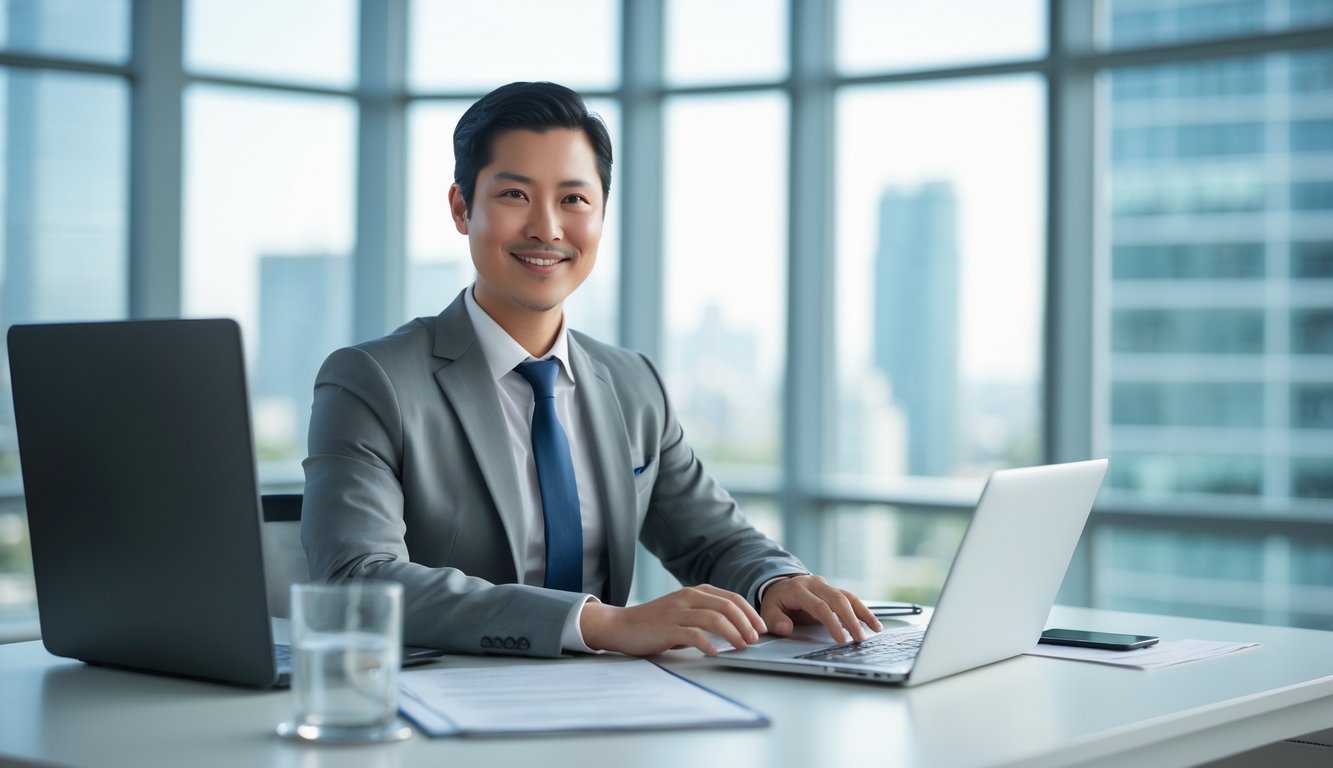 Seorang profesional duduk di meja kantor modern dengan laptop dan dokumen, tersenyum dan terlihat percaya diri.