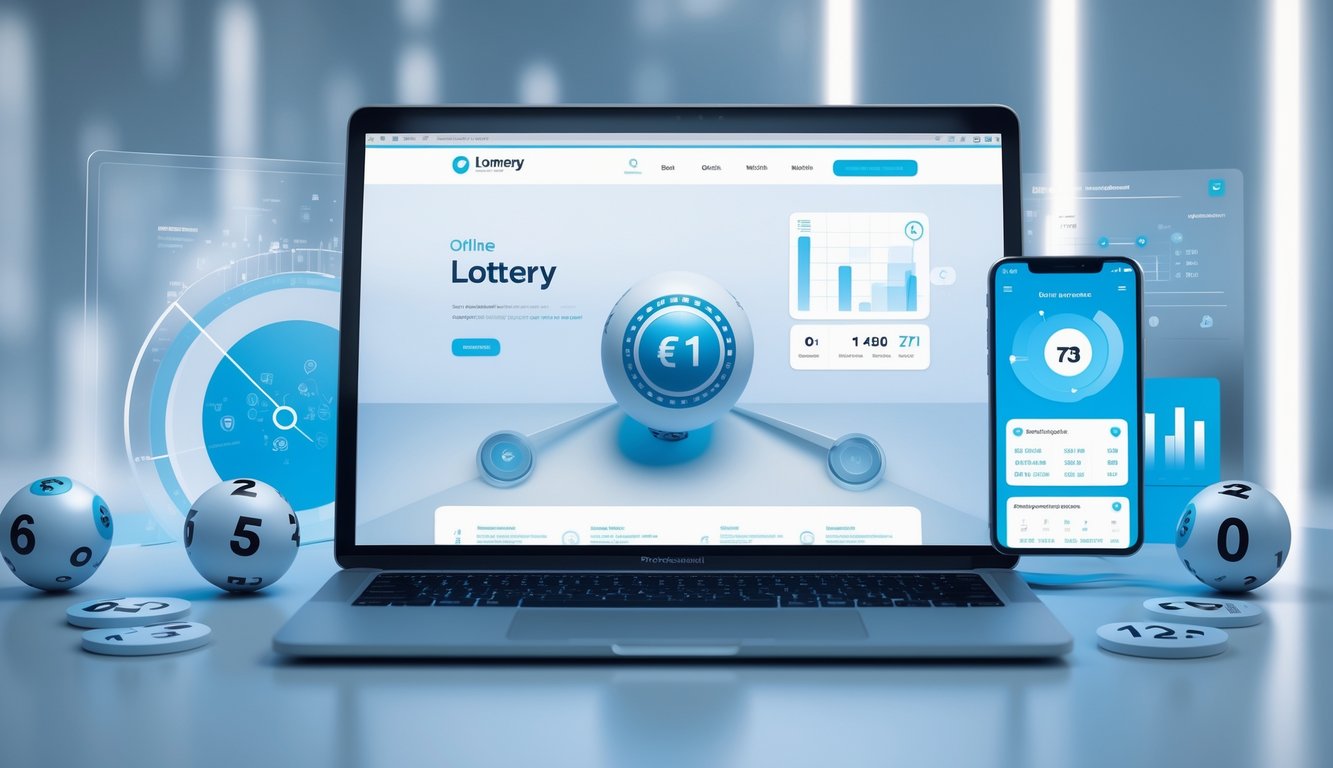 Tampilan laptop di atas meja dengan elemen bola lotere dan grafik di sekitarnya, menggambarkan situs togel online.