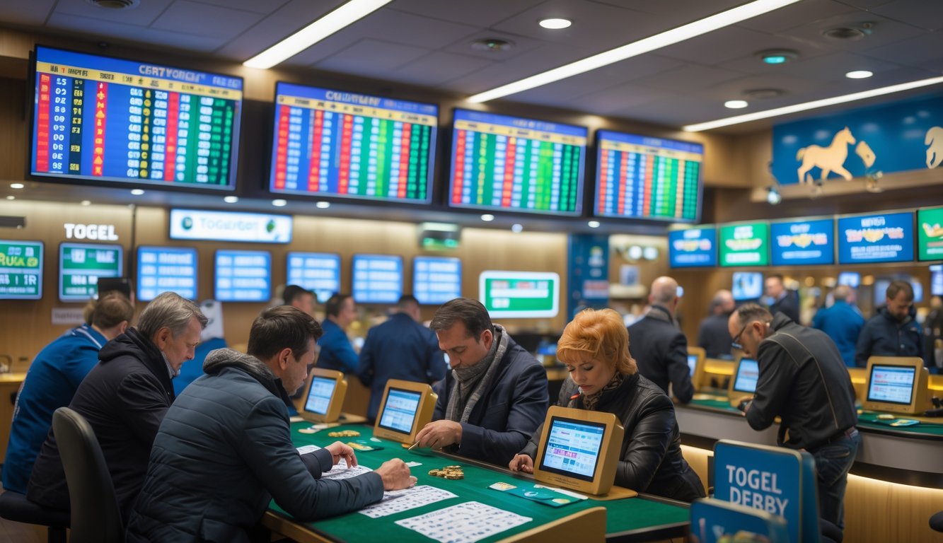 Orang-orang sedang memasang taruhan di dalam sebuah tempat taruhan yang modern dengan layar digital menampilkan angka togel dan tema pacuan kuda di latar belakang.
