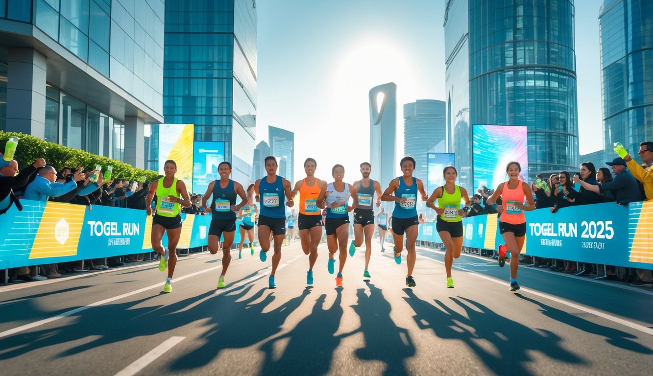 Sekelompok pelari beragam berlari cepat di jalan kota modern dengan gedung pencakar langit dan penonton yang bersorak di pinggir jalan.