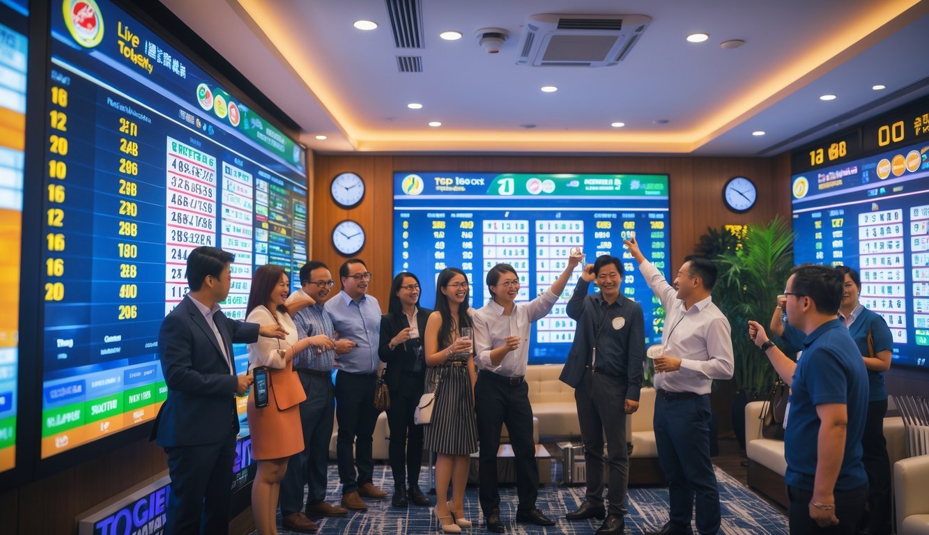 Sekelompok orang berkumpul di dalam ruangan modern, memperhatikan layar digital yang menampilkan data taruhan secara langsung.