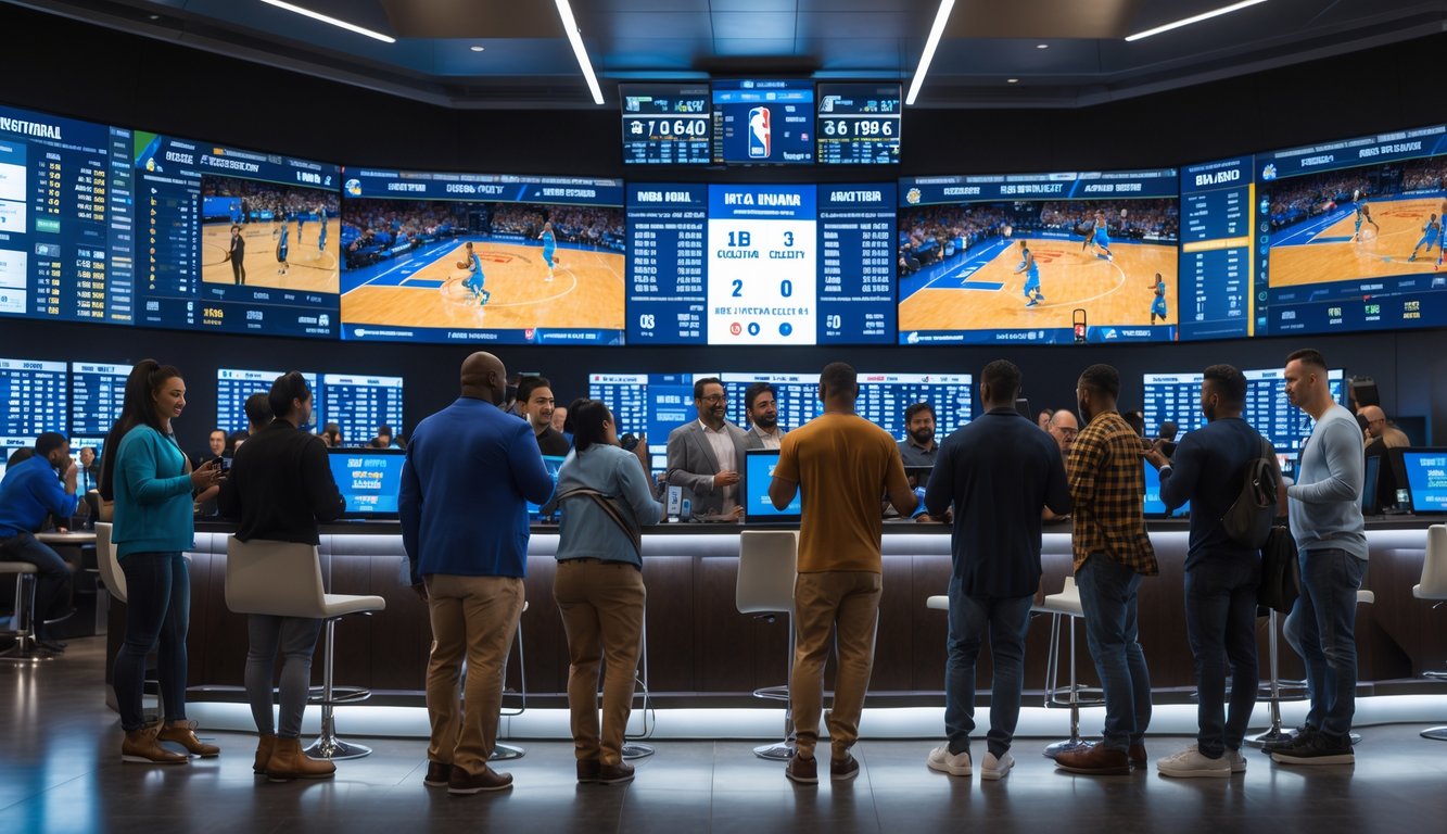 Orang-orang sedang berada di ruang taruhan olahraga dengan layar besar menampilkan statistik dan skor pertandingan NBA.