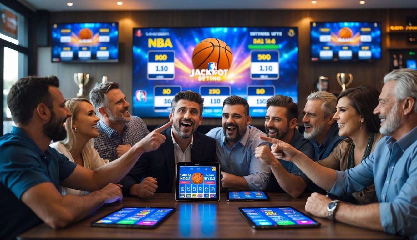 Sekelompok orang sedang menonton pertandingan NBA di layar besar sambil menggunakan aplikasi taruhan di ponsel dan tablet di sebuah bar olahraga.