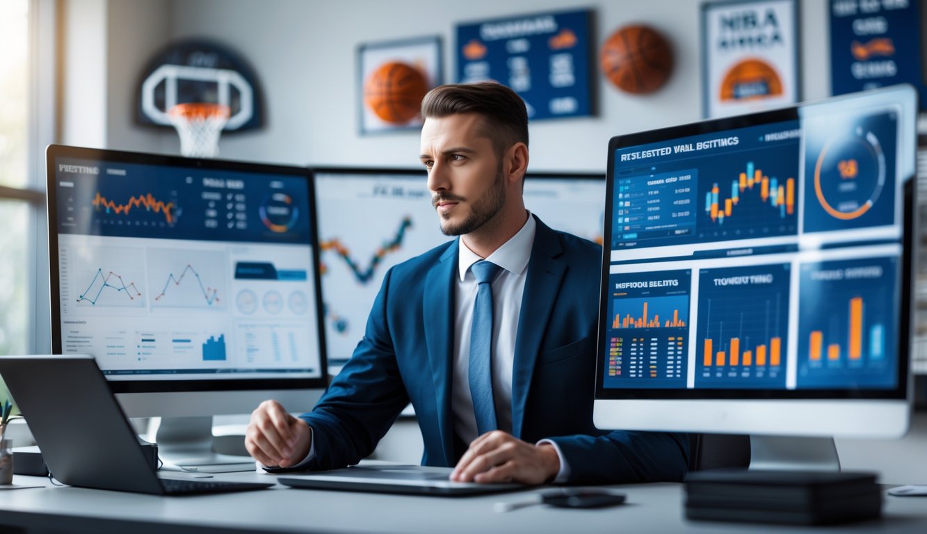 Seorang pria berpakaian rapi sedang menganalisis data statistik bola basket di kantor modern.