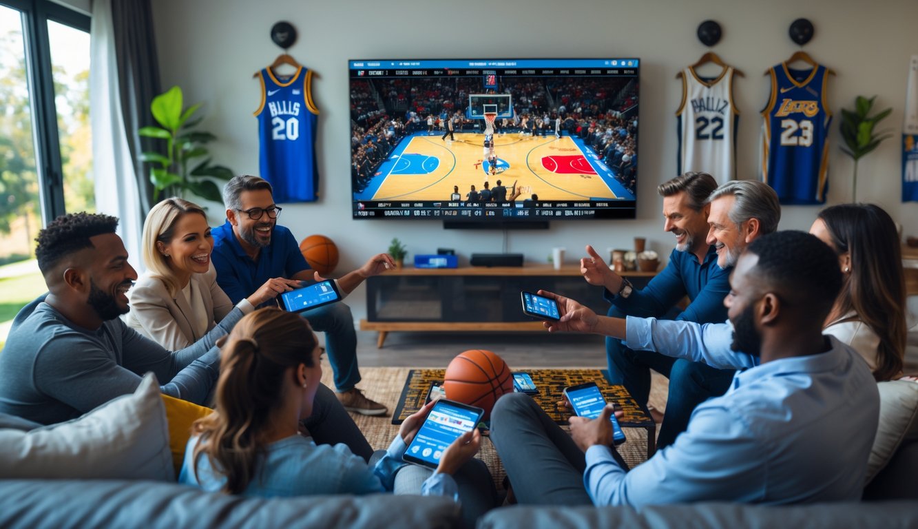 Sekelompok orang sedang menonton pertandingan bola basket NBA dan menggunakan perangkat elektronik untuk memasang taruhan.