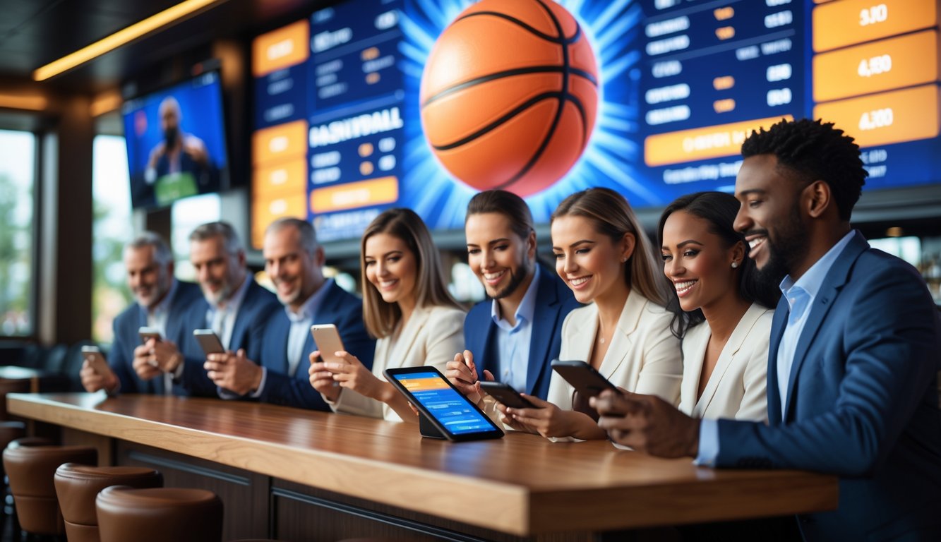 Sekelompok orang sedang menggunakan perangkat elektronik di sebuah ruang taruhan olahraga modern dengan layar besar menampilkan grafik bola basket.