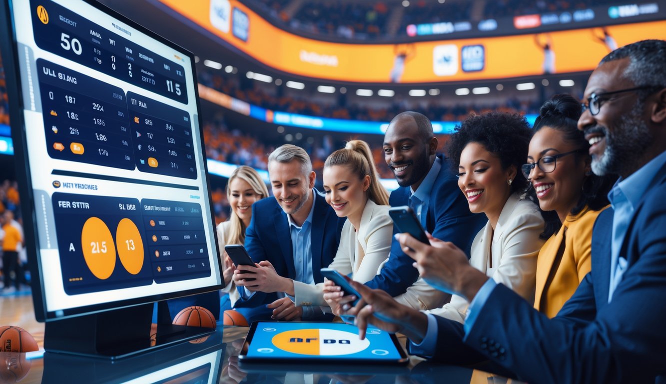 Orang-orang yang sedang menggunakan perangkat digital untuk memasang taruhan pada pertandingan NBA dengan latar belakang lapangan basket yang ramai.
