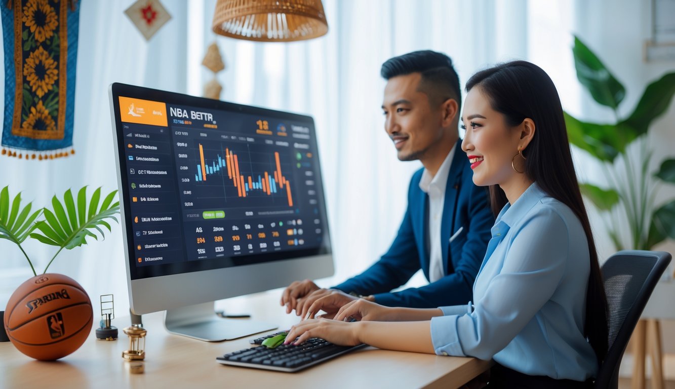 Dua orang Indonesia duduk di depan komputer yang menampilkan statistik pertandingan NBA, dengan dekorasi batik dan tanaman tropis di latar belakang.