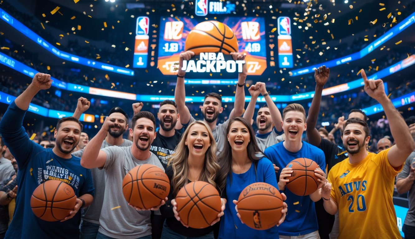Sekelompok penggemar basket yang bersemangat merayakan kemenangan jackpot NBA di arena olahraga.