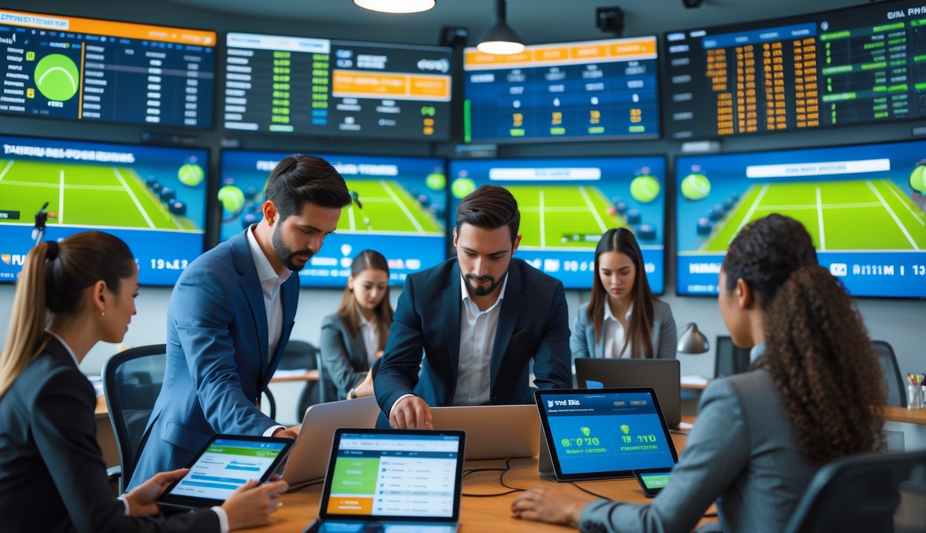 Suasana kantor agen taruhan tenis dengan orang-orang yang fokus melihat layar menampilkan pertandingan tenis dan data taruhan.