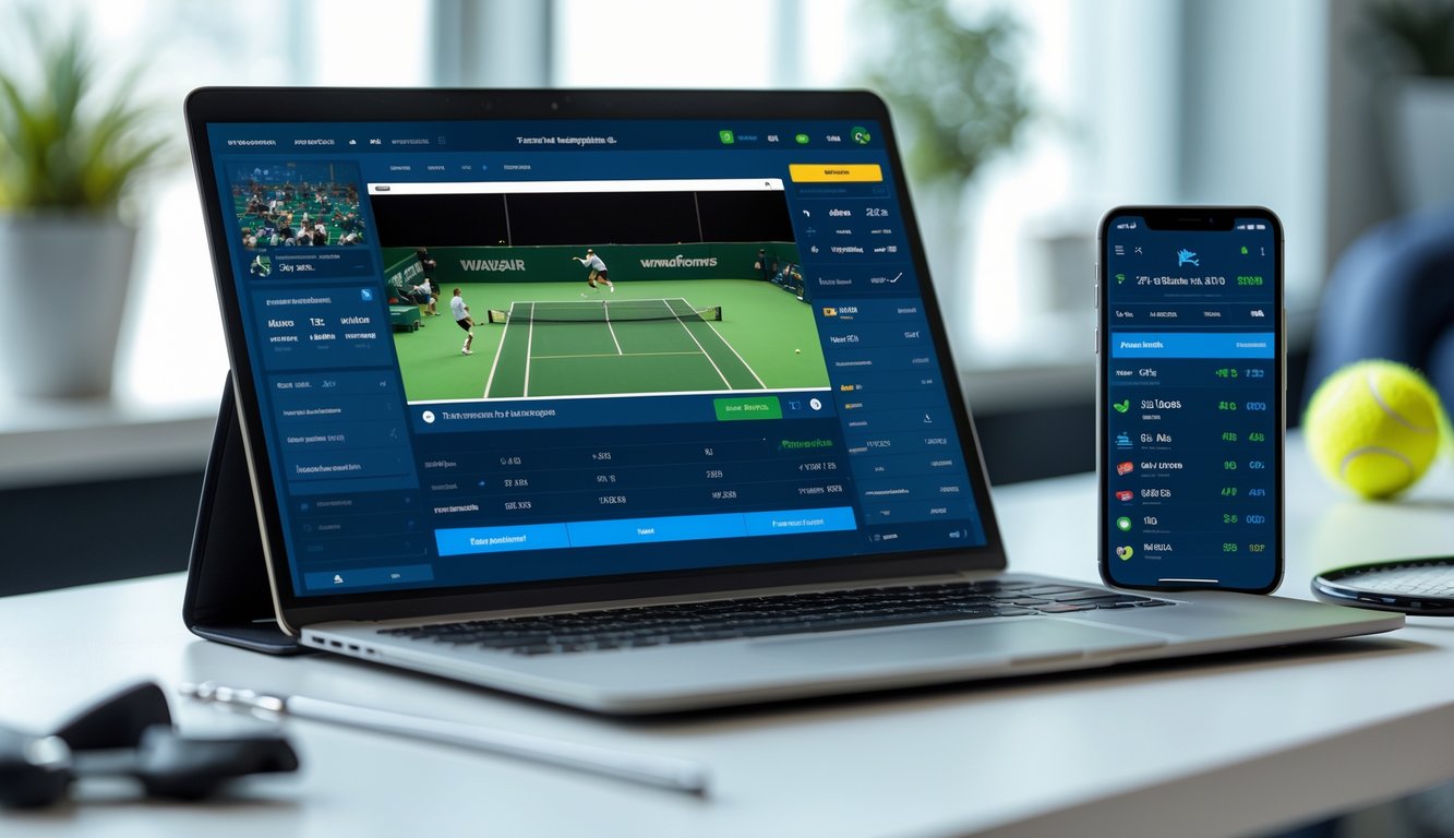 Seorang pria menggunakan laptop dan ponsel untuk memasang taruhan tenis online di sebuah meja kerja dengan bola tenis dan raket di dekatnya.