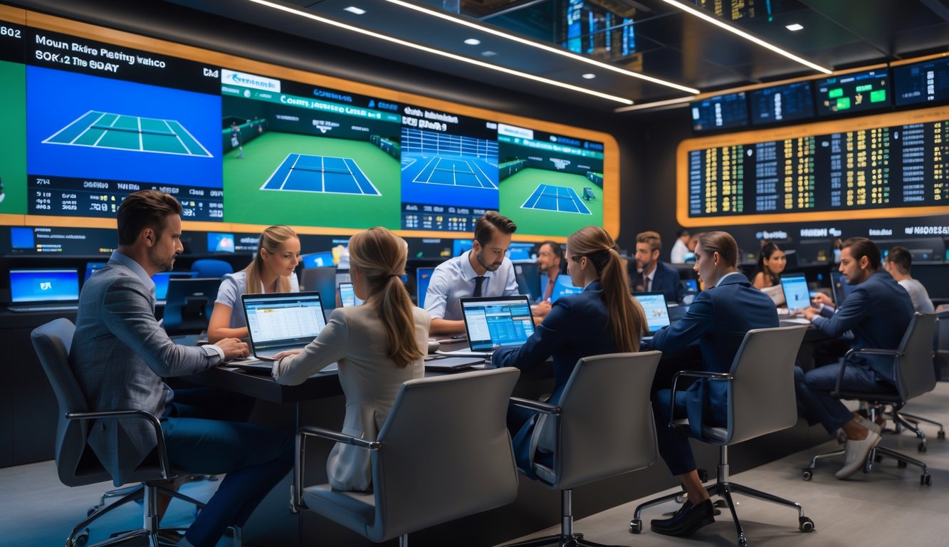 Orang-orang sedang menggunakan perangkat elektronik untuk memasang taruhan pada pertandingan tenis yang sedang berlangsung di sebuah ruangan modern dengan layar besar menampilkan pertandingan tenis.