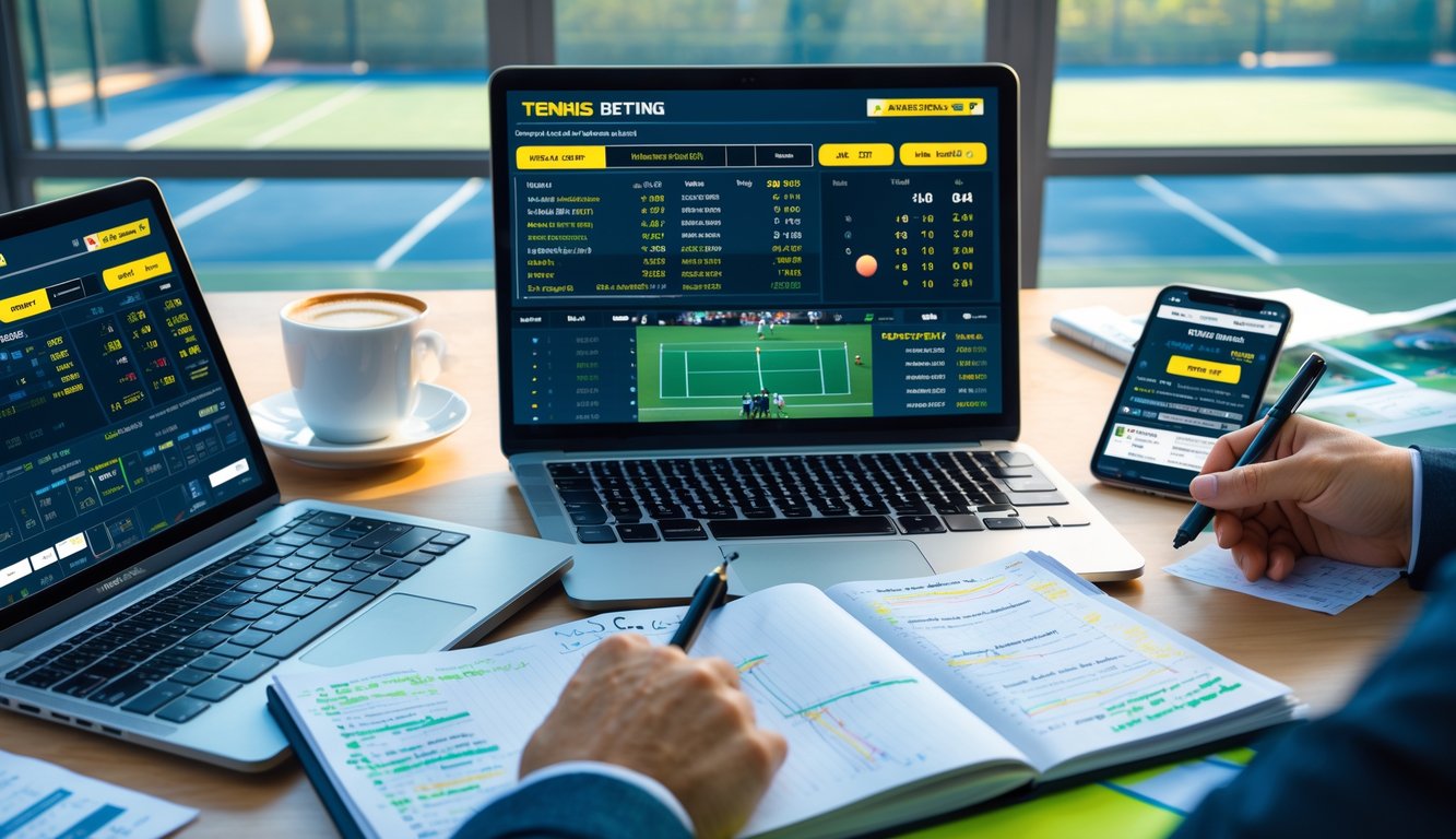 Seseorang sedang bekerja dengan laptop dan tablet yang menampilkan statistik dan skor tenis, di meja terdapat catatan dan cangkir kopi, dengan lapangan tenis terlihat di latar belakang.