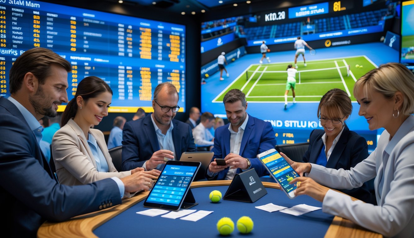 Beberapa orang sedang memasang taruhan pada pertandingan tenis Grand Slam dengan layar digital menampilkan statistik pertandingan dan aksi pemain tenis di latar belakang.