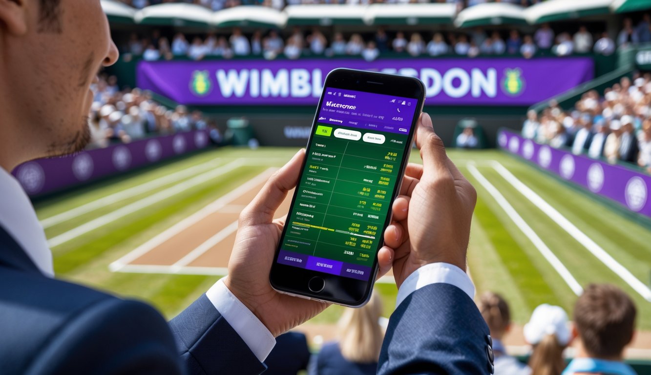 Seseorang memegang ponsel dengan latar belakang lapangan tenis Wimbledon dan penonton yang menyaksikan pertandingan.