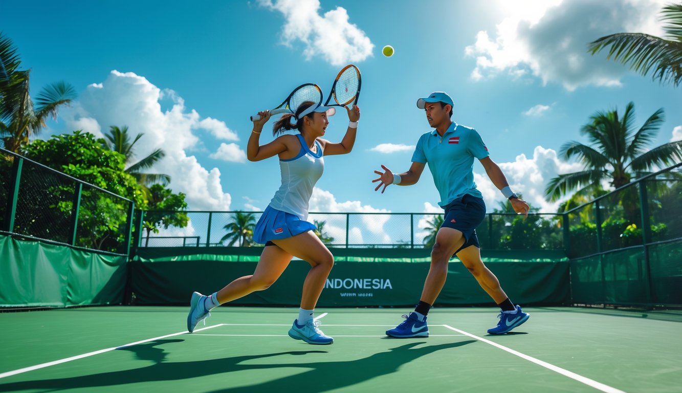 Dua pemain tenis sedang bermain di lapangan tenis luar ruangan dengan latar belakang pepohonan tropis dan langit cerah.