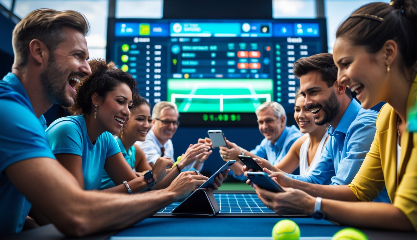 Orang-orang sedang memasang taruhan tenis menggunakan perangkat elektronik di lingkungan taruhan olahraga yang modern.